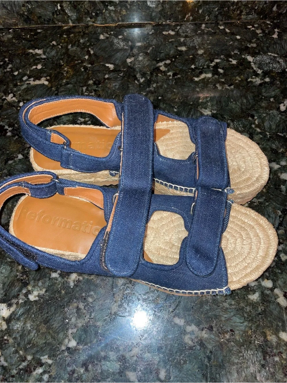 New! Reformation Trinity Sport Dark Blue Denim Espadrille Platform Sandals 💙 9